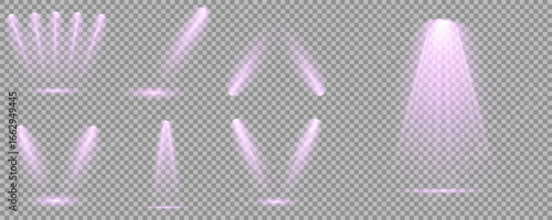 Dark stage backdrop improves contrast Reflections add depth to spotlight scenes on floor. Multiple beam angles suit event or product scenes. Stage spotlights emit strong white directional light beams.