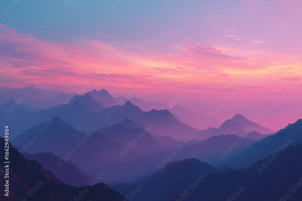 Fototapeta premium Gentle sunrise over misty mountains, soft pastel pink, blue, and yellow sky, serene and dreamy landscape, calm atmosphere, high-resolution photography for nature or travel. 