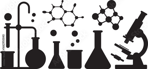 Science Laboratory Equipment Beakers, Flasks, and Microscope