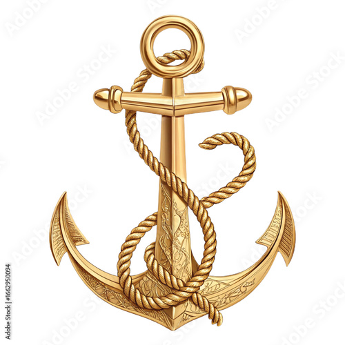 Shiny golden anchor on transparent background for nautical posters, marine branding, adventure concepts and decorative designs