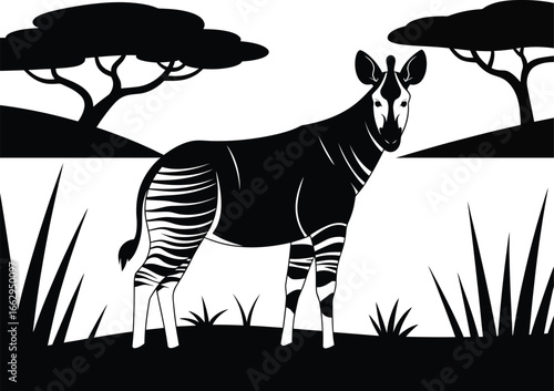 Silhouette of an okapi standing in a grassy savanna with acacia trees