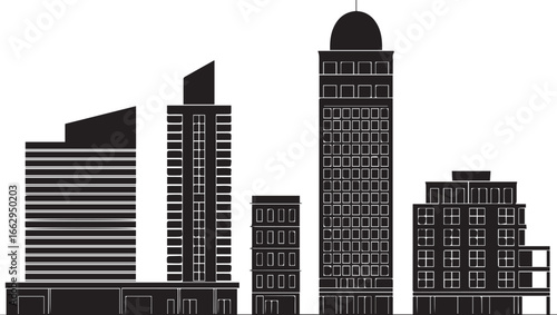 Modern black and white city skyline with tall skyscrapers and urban architecture