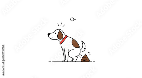 Illustrative depiction of a domestic canine squatting and defecating on a flat surface leaving behind feces accompanied by a faint outline of a circular object above its head