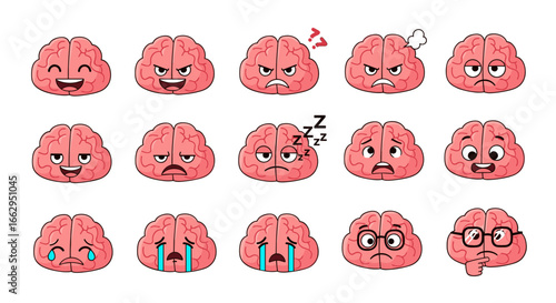 A collection of human brain emoticons expressing diverse emotions and feelings