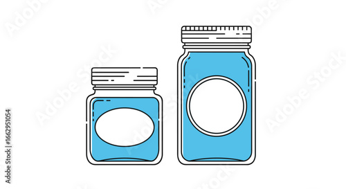 Two glass jars filled with blue liquid and empty white labels ready for product information and branding on a white background illustrating a simple clean design concept