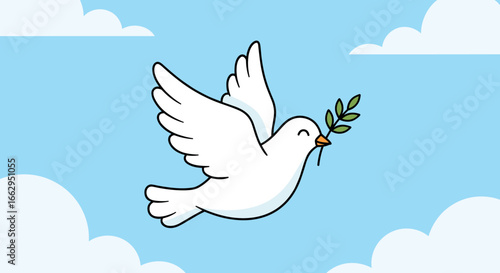 A white dove soars gracefully through a bright blue sky carrying an olive branch symbolizing hope and peace