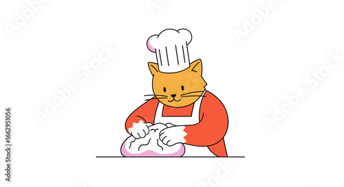 Whimsical feline chef expertly kneads dough preparing delicious baked goods with culinary joy and artistic flair