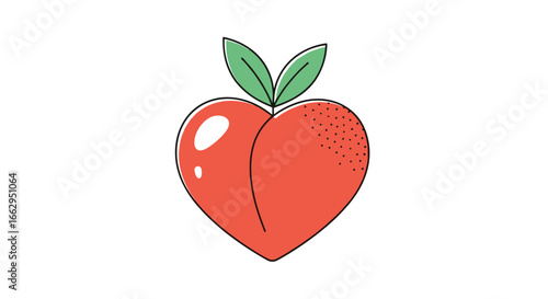 Whimsical illustrated heart shaped peach with two green leaves and a subtle crinkle texture on the right side