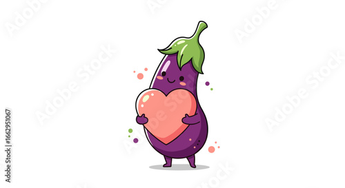Cute cartoon eggplant character holding a pink heart with a sweet smiling expression conveying love and affection for healthy food