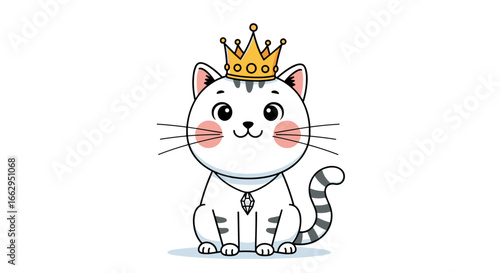 Adorable white cat wearing a golden crown and a pearl necklace sitting proudly with blush cheeks and whiskers