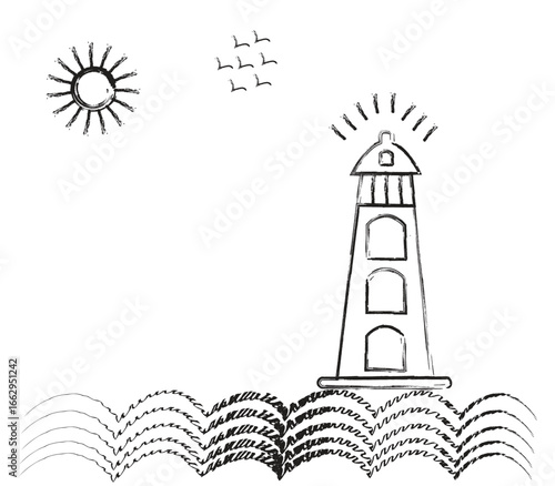 Lighthouse on the sea with sun and birds sketch vector illustration