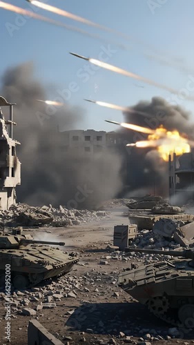 Fiery Explosions Erupt in a War-Torn City as Tanks Battle Amidst the Ruins