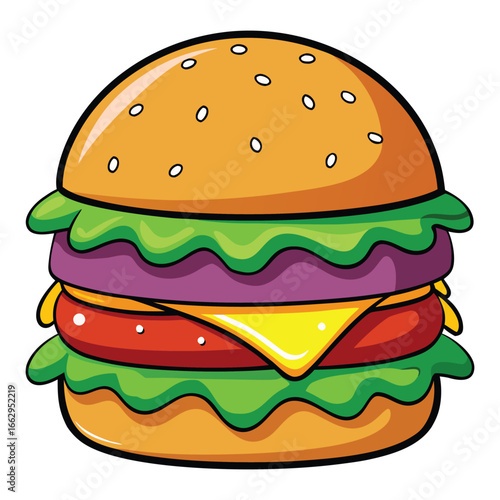 A grilled beef hamburger with cheese, lettuce, and tomato on a sesame bun against a white background