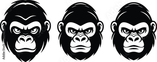 Gorilla face vector illustration, bold black and white design, fierce animal mascot, powerful wildlife symbol, strong primate head art for graphic design