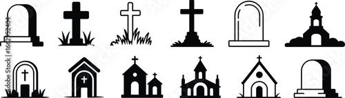 Black and white gravestone, cross, and church icons, cemetery and memorial vector set, religious architecture symbols for funeral, remembrance, and spiritual design projects