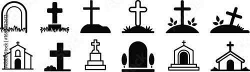 Minimalist grave and church icons, cemetery headstone symbols, religious building silhouettes, funeral memorial vector set, tombstone illustration collection, black and white outline style