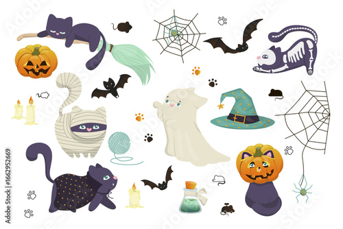 Charming vector illustration featuring playful cats in Halloween costumes, including a mummy, witch, and ghost. Surrounded by festive elements like pumpkins, bats, and spiderwebs.