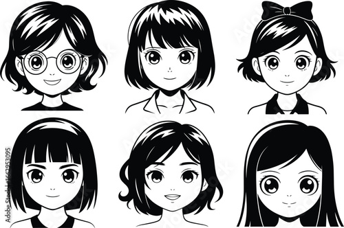 Set of six black and white manga style portraits, diverse hairstyles and expressions, anime character illustration, vector art, Japanese comic inspired design
