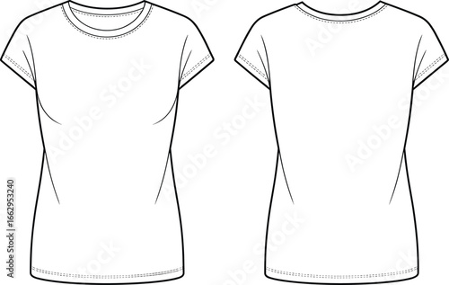 Front and back view of blank women’s t-shirt template, isolated outline, fashion mockup for apparel design, vector shirt illustration
