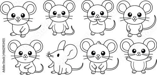 Cartoon mice characters, cute mouse poses, animal mascot design, rodent illustrations, funny expressions, children’s art, vector drawing, cad design, flat style, character set, playful animals