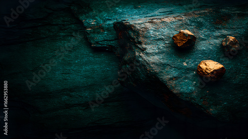 Raw molybdenum ore crystals on black shale with metallic reflections,showcasing strategic mineral resources and clean energy materials for industrial use.