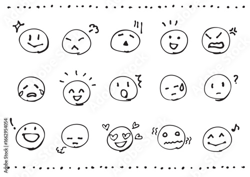 A set of 15 simple pen-drawn facial expression illustrations
