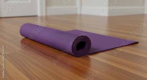 Unfurling Serenity: A Rolled Purple Yoga Mat on Gleaming Hardwood Flooring, Inviting Wellness and Relaxation for a Peaceful Exercise Session