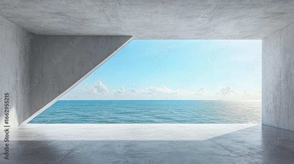 Fototapeta premium Concrete ocean view room; modern architecture; coastal design; serene seascape; interior design