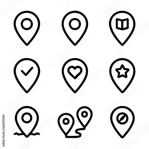 Collection of Nine Bold Location Marker Icons.