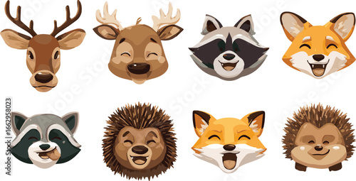 Set of funny cartoon animals including cat dog cow pig rabbit tiger fox bear and lion vector illustration