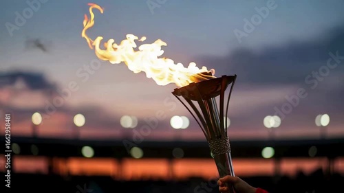 Dynamic Olympic torch ignites with vibrant flame against twilight sky, symbolizing hope and victory.