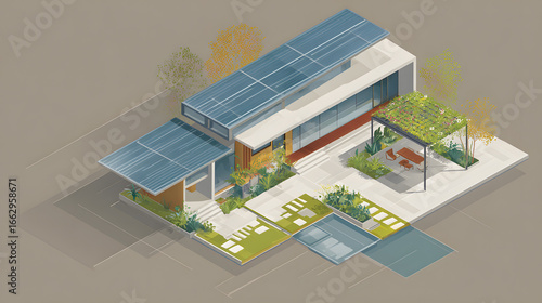 A modern residential isometric 3D view featuring a two-level home with clean lines, a striking sloped roof tiled in gray, and gleaming solar panels across the upper surface. Surrounding the house is