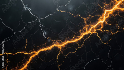 Vibrant orange lightning crackles across a dark textured background with intricate branching patterns