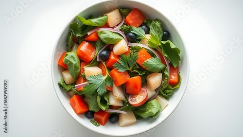 A fresh vegetable salad in a white bowl, garnished with herbs and captured from a top-down view.