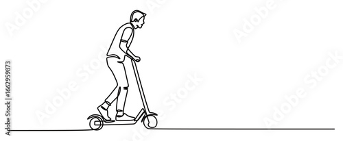 continuous line art of a man riding a scooter on a flat road. this image is isolated with a transparent background