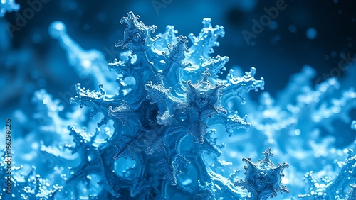 Metallic alloy fractals grow crystalline structures emitting blue energy waves in deep space.
