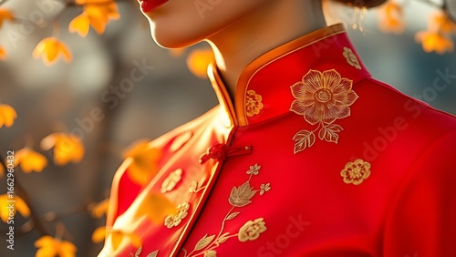 Golden chrysanthemum embroidery on ruby-red qipao, celebrating tradition in golden light.