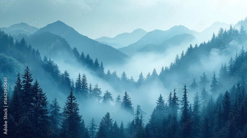 Obraz premium Coniferous Forest in Misty Mountains 