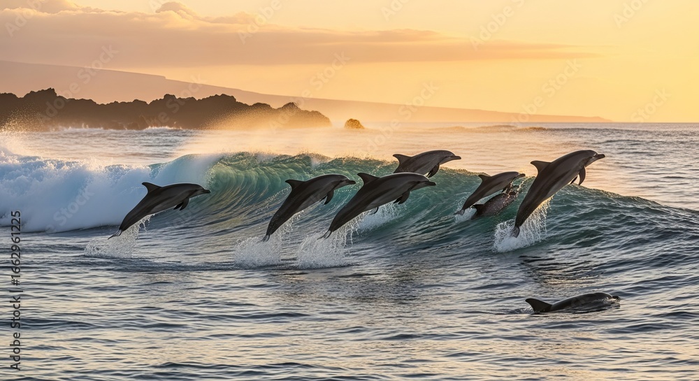 Fototapeta premium Playful Dolphins Jumping over Waves – Hawaii Pacific Ocean Wildlife Scenery.