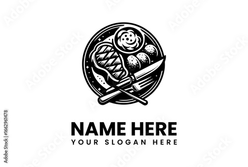 Black and white plate with steak mashed potatoes and gravy illustration.