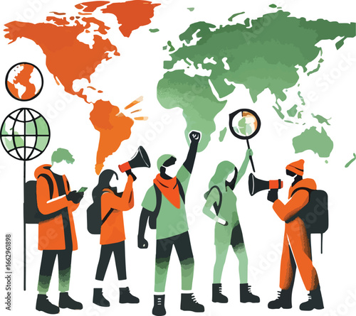 Global Activism Orange Green People Protesting World Map