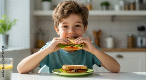 Wallpaper Mural child enjoying healthy sandwich in kitchen, smiling boy bites into fresh lettuce and tomato sandwich on whole grain bread, sunlight streaming in, creating inviting morning atmosphere Torontodigital.ca