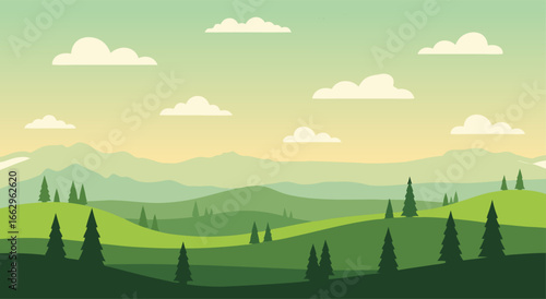 Lush vector illustration of a peaceful natural landscape featuring rolling green hills, majestic mountains, and soft clouds under a serene gradient sky