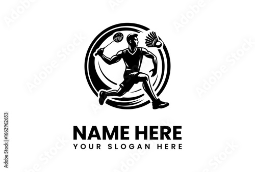Dynamic Badminton Player in Action with Shuttlecock and Racket Logo.