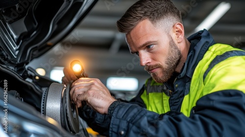 Mechanic Inspecting Brake Pads on Car Using Flashlight for Maintenance