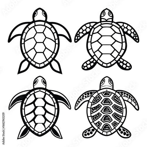 Simple sea turtle outlines and detailed designs for coastal graphics and ocean themes 