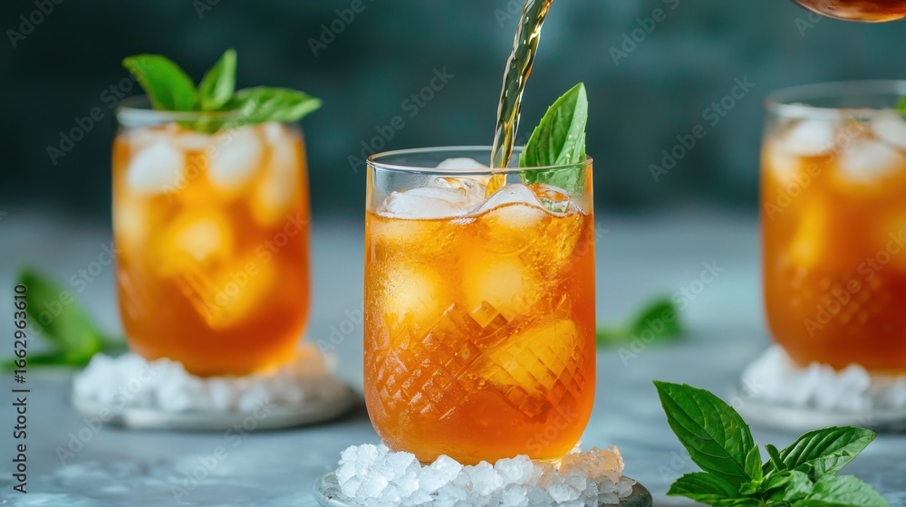 Fototapeta premium Close-Up of Thai Iced Tea Being Poured into Clear Glasses with Fresh Mint and Ice Cubes