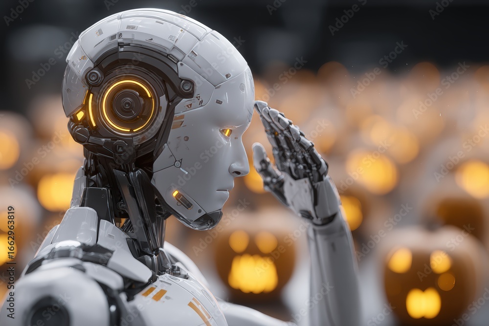 Fototapeta premium Futuristic AI Robot Saluting Amidst Glowing Jack-O'-Lanterns in a Halloween-Themed Environment with Technological Advancements
