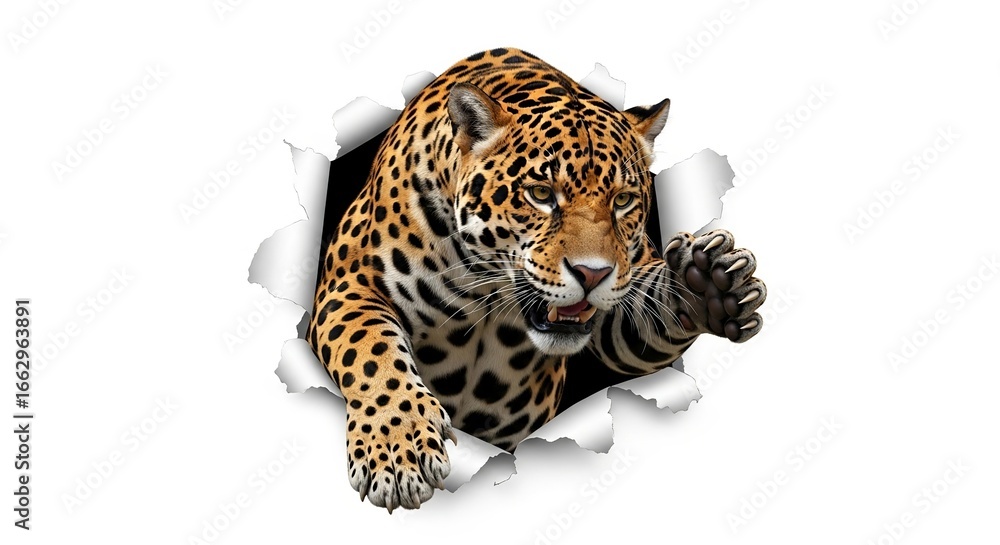 Naklejka premium Photorealistic Jaguar Ripping Through White Background Realism Wild Cat Art.