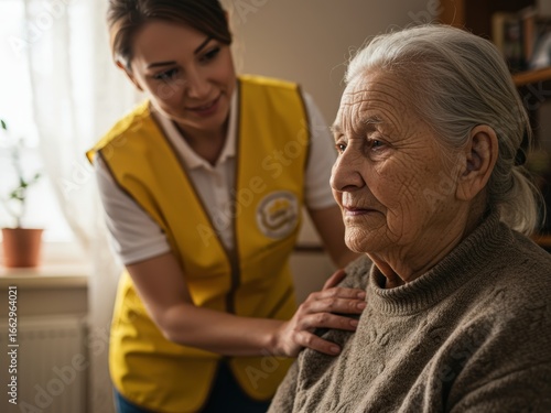 A young woman in a yellow vest gently comforts an elderly woman with grey hair, placing a hand on her shoulder. The older woman looks pensive.